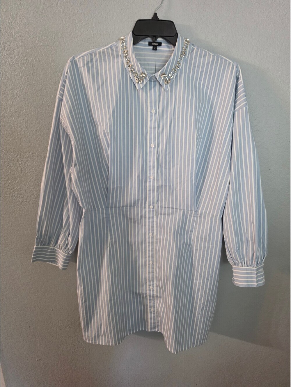 Express Women's XL Blue and White Striped Embellished Collar Shirt Dress